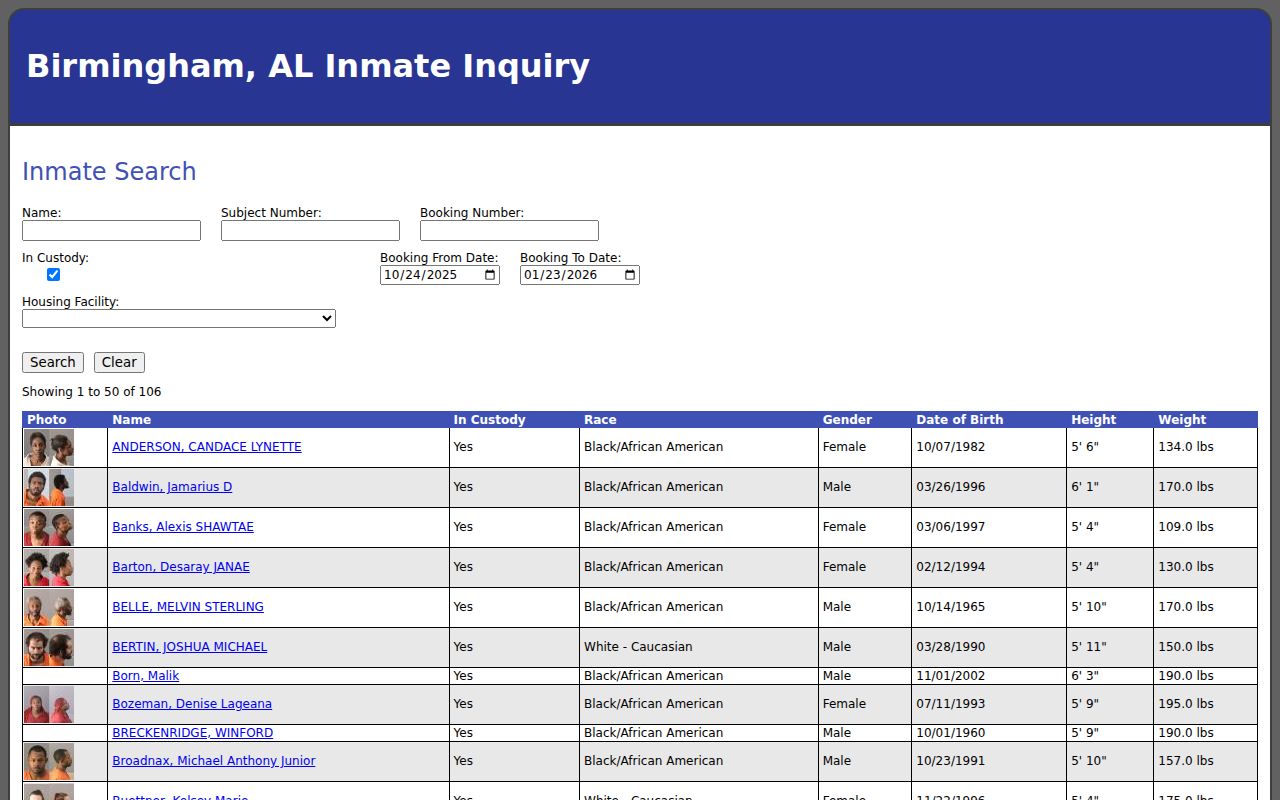 Birmingham city jail inmate inquiry search portal