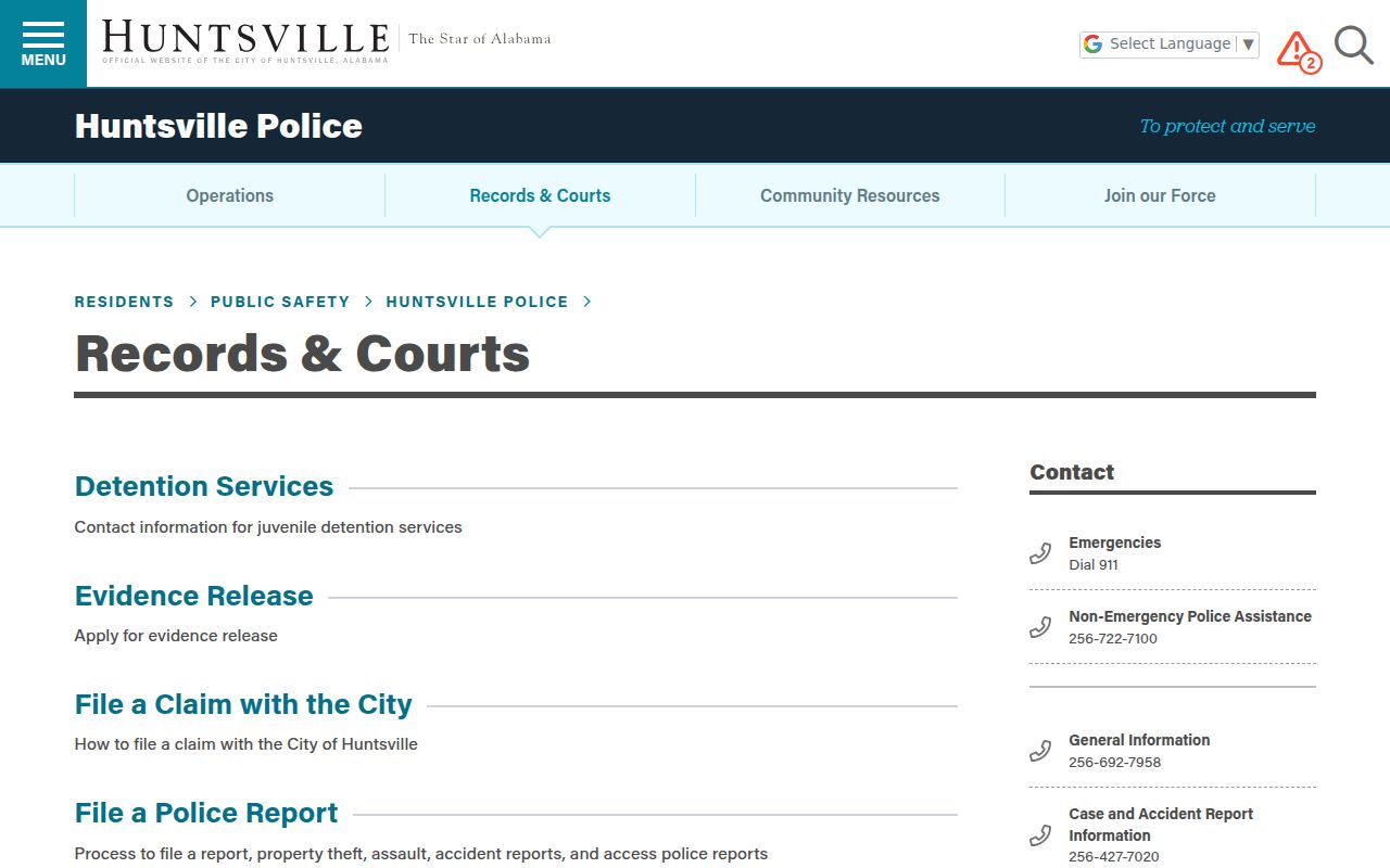 Huntsville Police Department Records Division webpage showing services for police reports and background checks