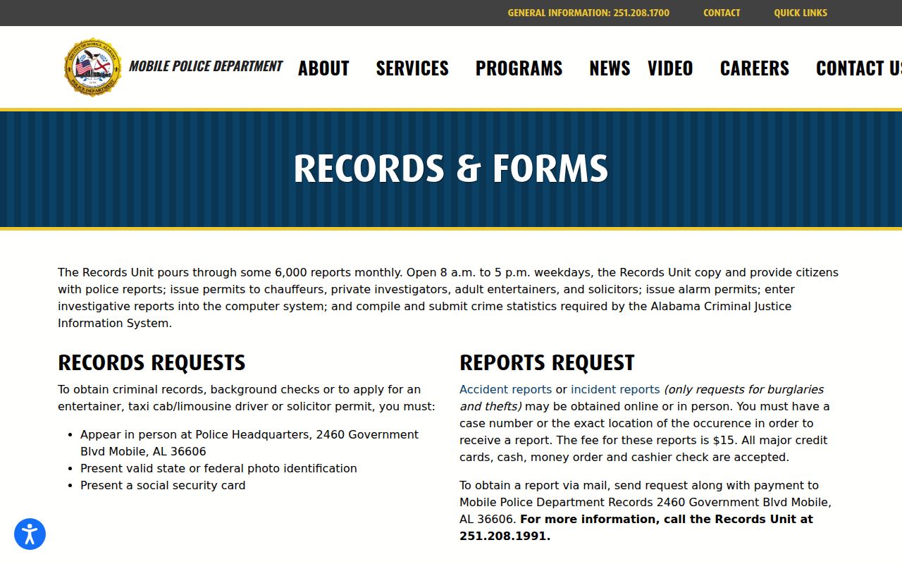 Mobile Police Department records and forms page showing available services