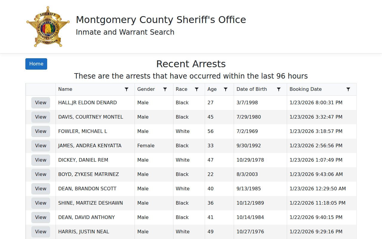 Montgomery County Sheriff recent arrests page showing 96-hour booking history