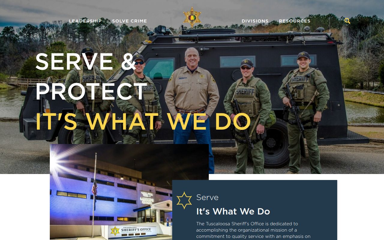 Tuscaloosa County Sheriff's Office website showing inmate search and department services