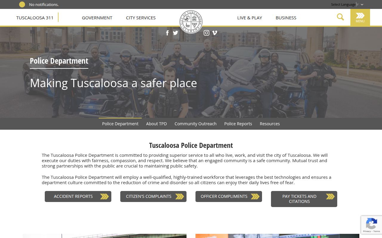 Tuscaloosa Police Department website showing services and records information