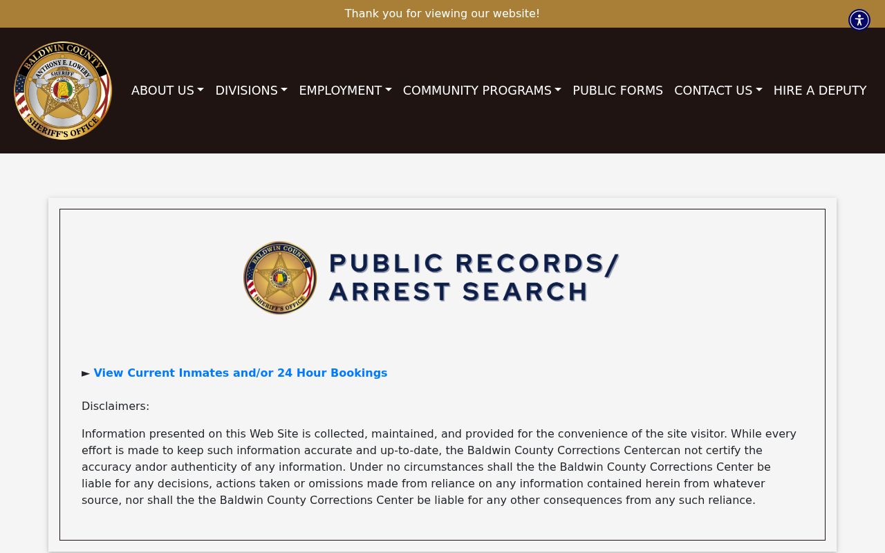 Baldwin County Sheriff Office online arrest search portal showing recent bookings
