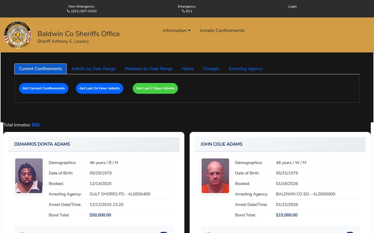 Baldwin County Citizen Connect portal for inmate search and booking information