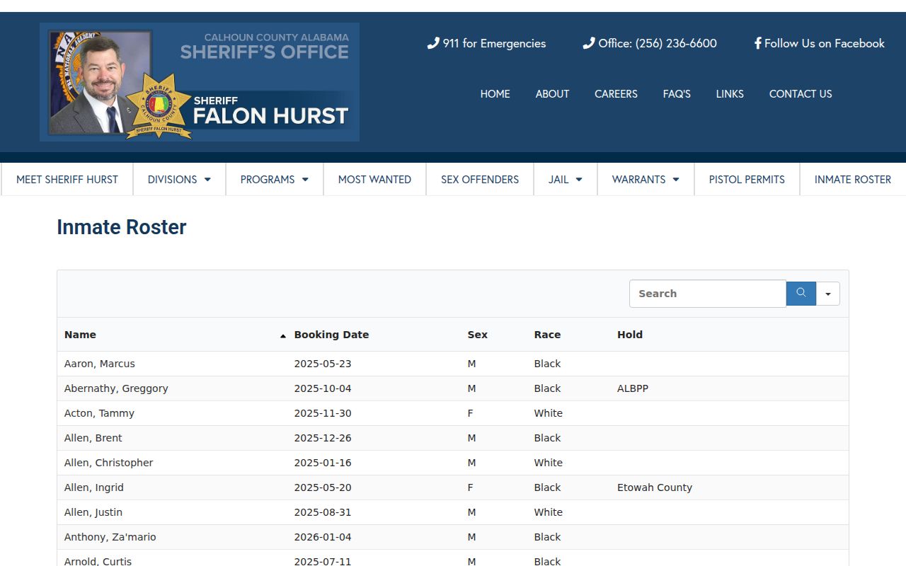 Calhoun County Sheriff inmate roster showing search interface and current jail population