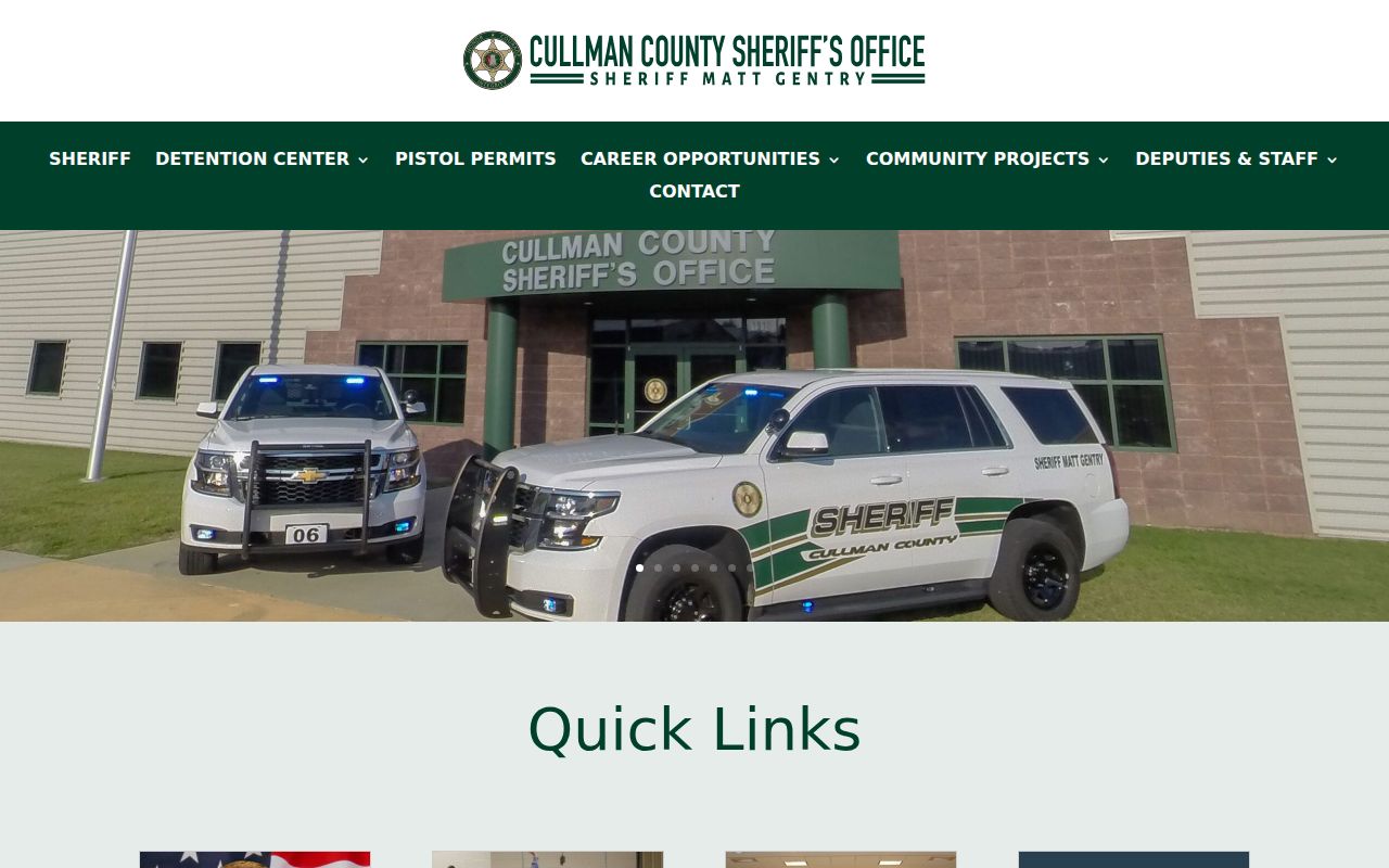 Cullman County Sheriff's Office website showing law enforcement services and contact information