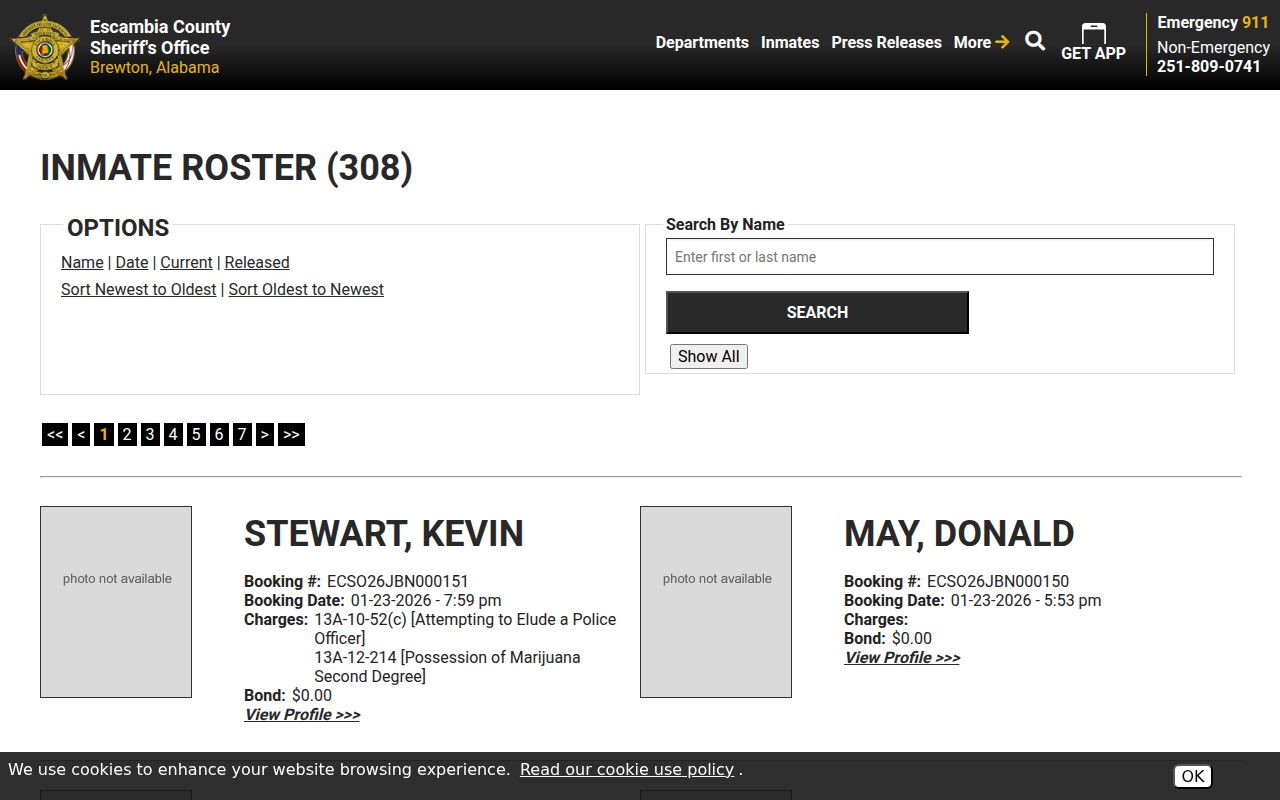 Escambia County Sheriff's Office inmate roster showing current jail inmates