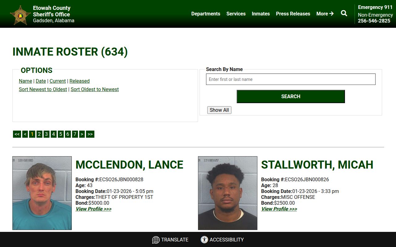 Etowah County Sheriff inmate roster search page showing current jail population