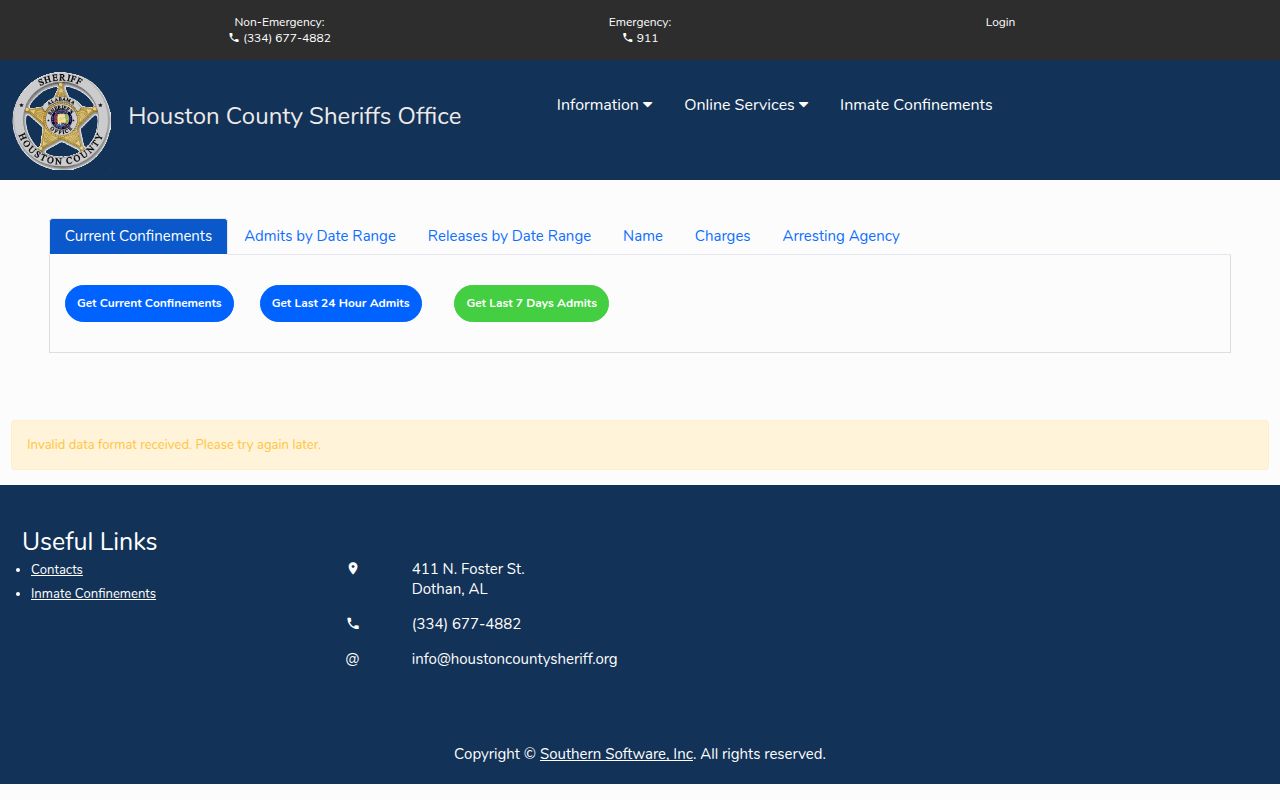 Citizen Connect booking search system for Houston County showing inmate search interface