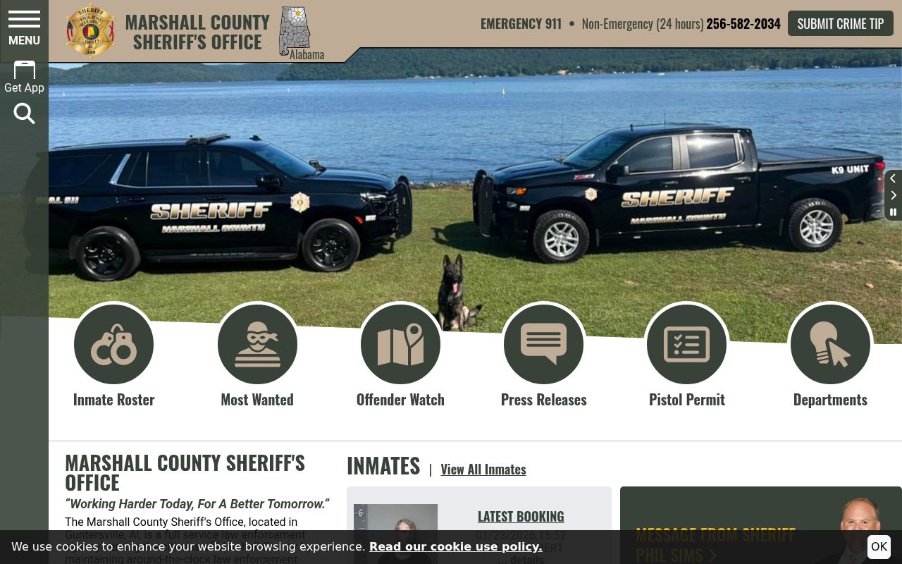 Marshall County Sheriff's Office website showing inmate information and resources