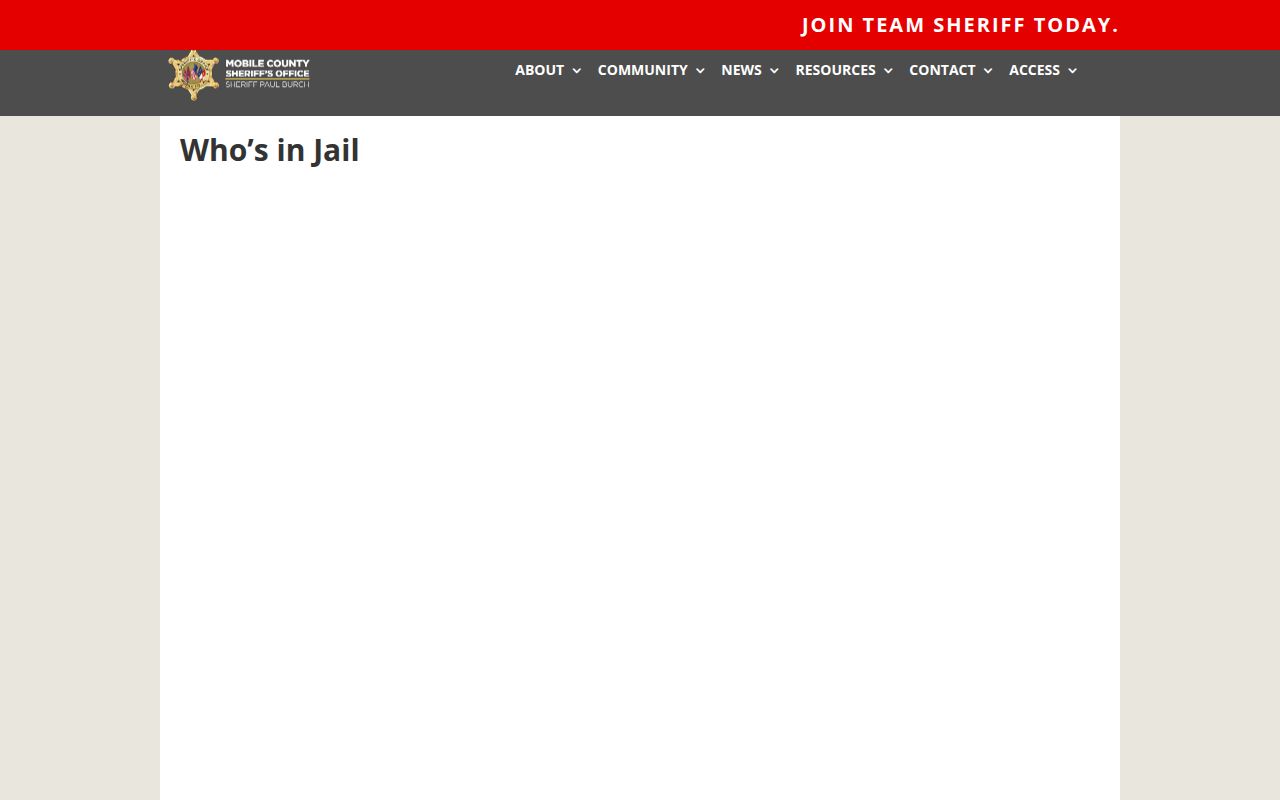 Mobile County Sheriff's Office Who's in Jail inmate search interface