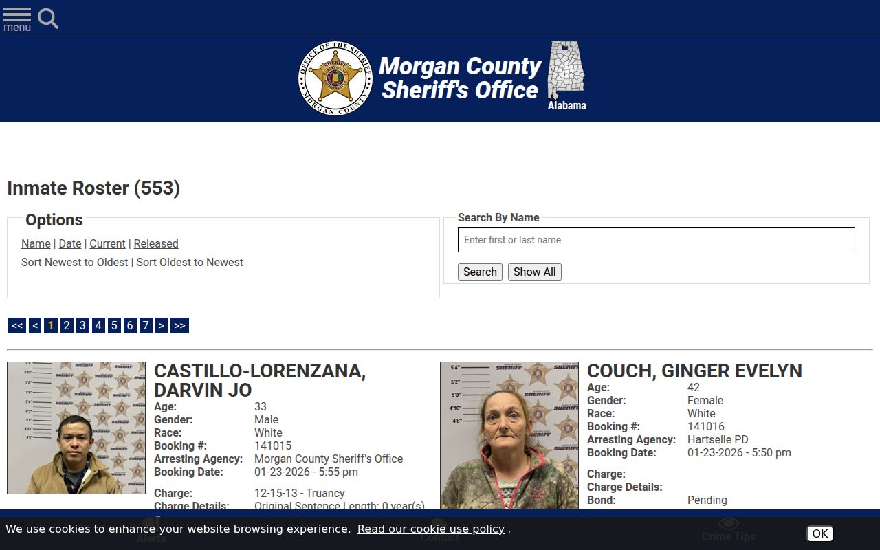 Morgan County Sheriff inmate roster search page showing current jail population