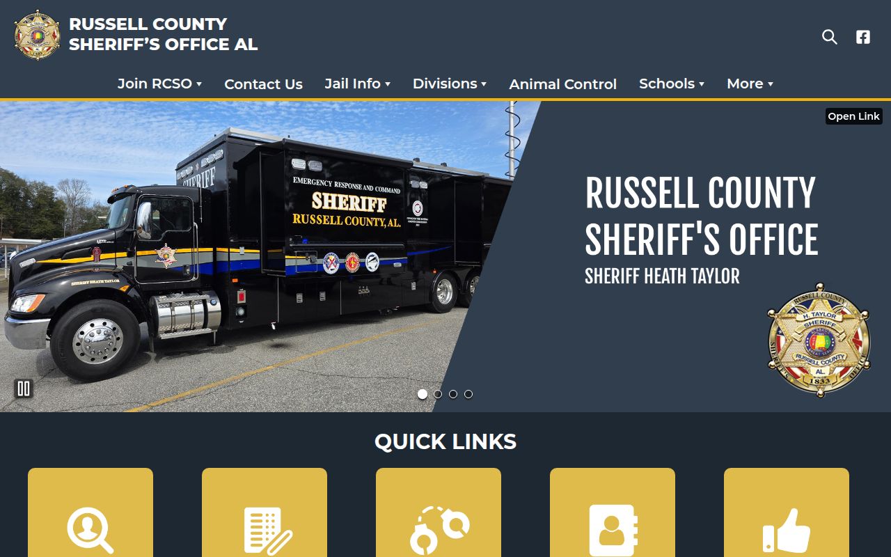 Russell County Sheriff inmate search portal showing search options and current roster