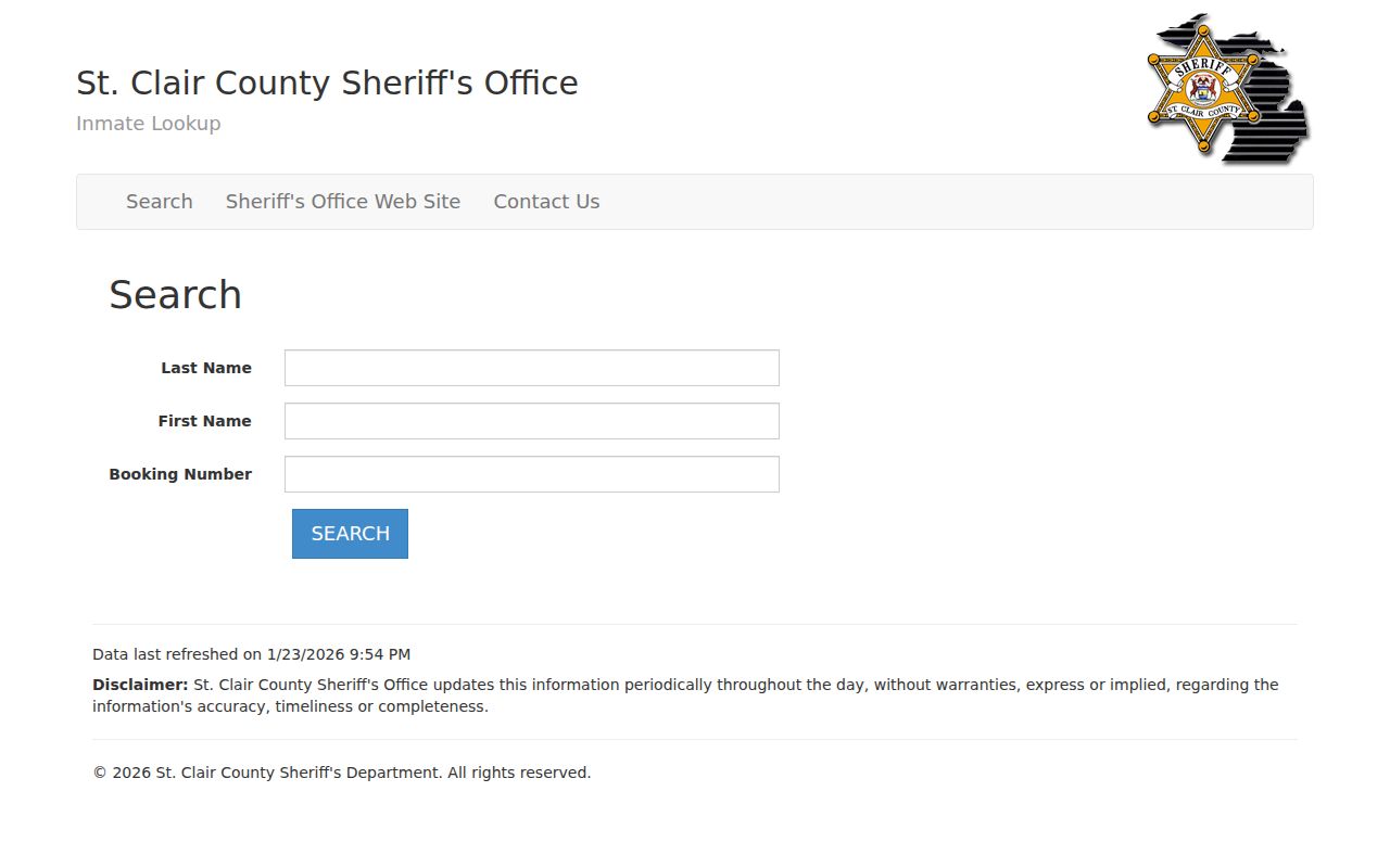 St. Clair County inmate roster search portal showing search interface and inmate listings