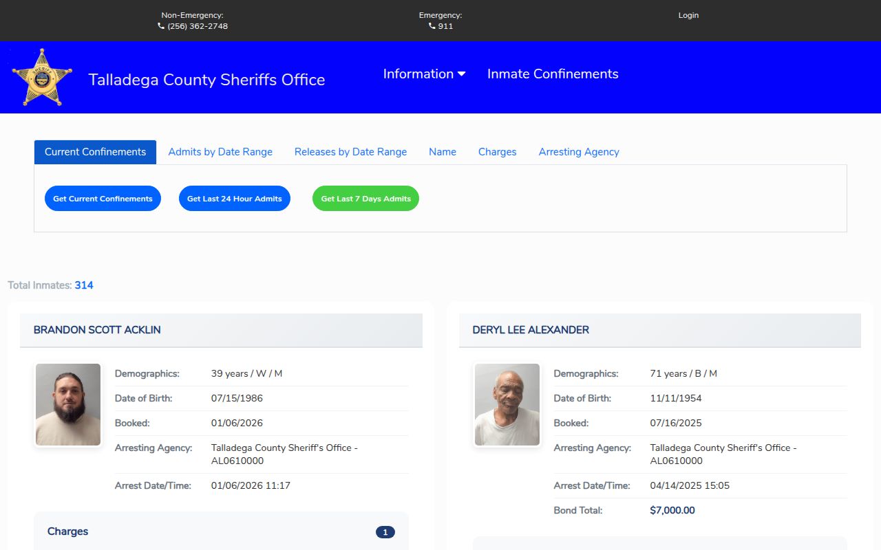 Talladega County Citizen Connect booking search portal with search fields and current inmate results