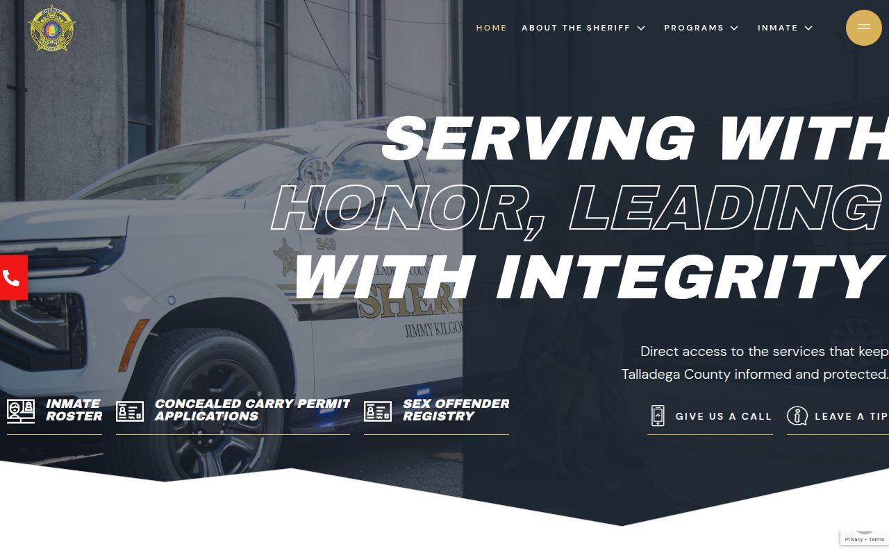 Talladega County Sheriff's Office website homepage showing department information and services