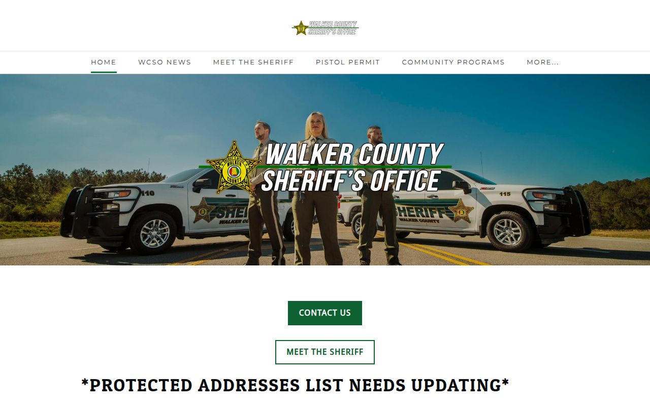 Walker County Sheriff's Office website showing contact information and services