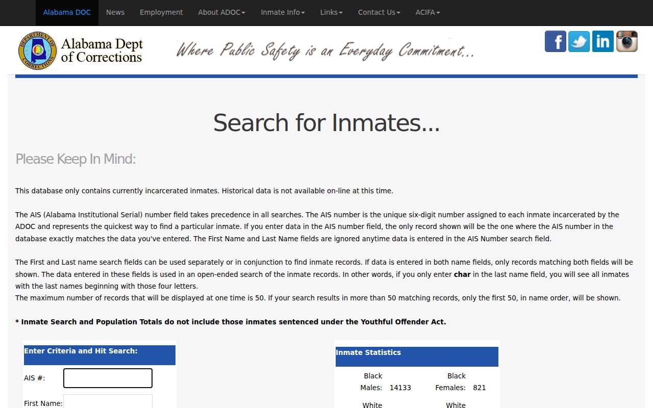 Alabama Department of Corrections inmate search portal